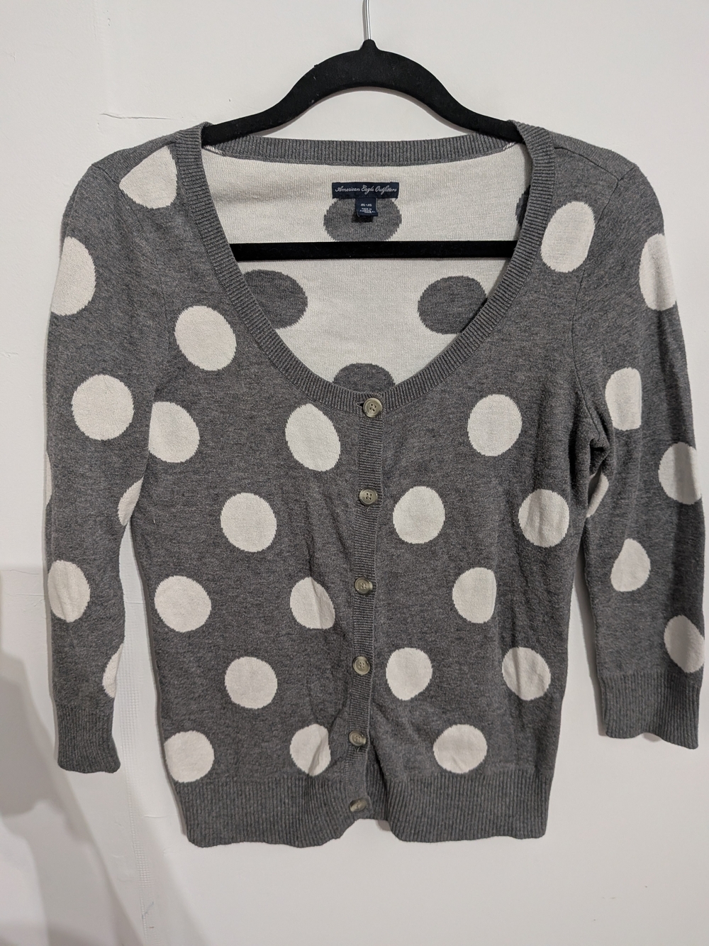 American Eagle Outfitters Gray and White Polka Dot V-Neck Cardigan